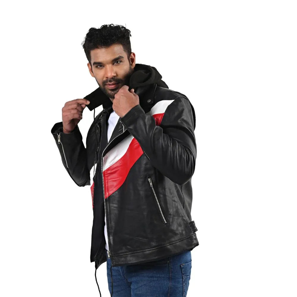 Men’s Black Real Leather Hooded Jacket