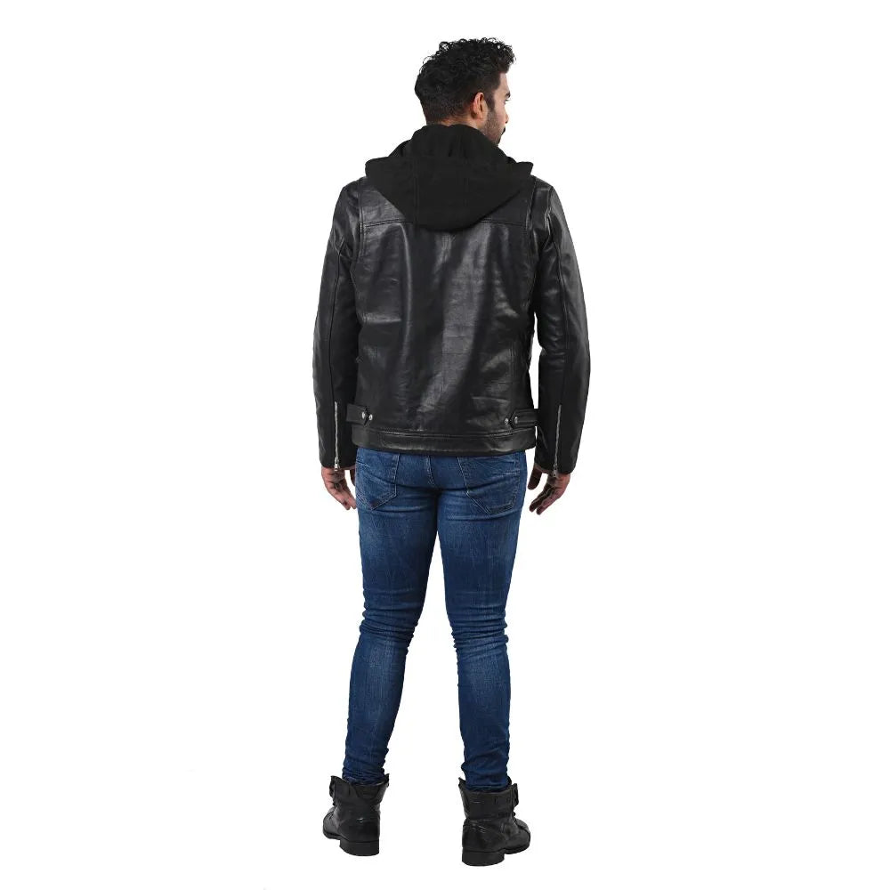 Men’s Black Real Leather Hooded Jacket
