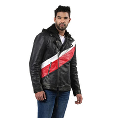 Men’s Black Real Leather Hooded Jacket