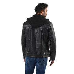 Men’s Black Real Leather Hooded Jacket