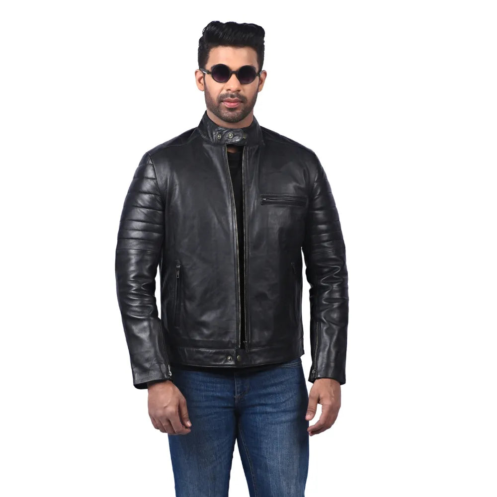Men’s Black Real Leather Quilted Sleeve Jacket