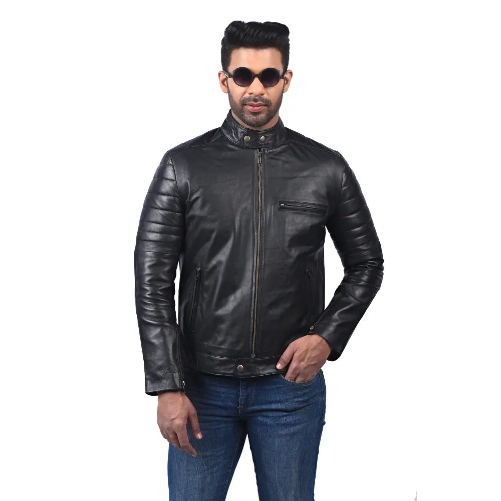Men’s Black Real Leather Quilted Sleeve Jacket