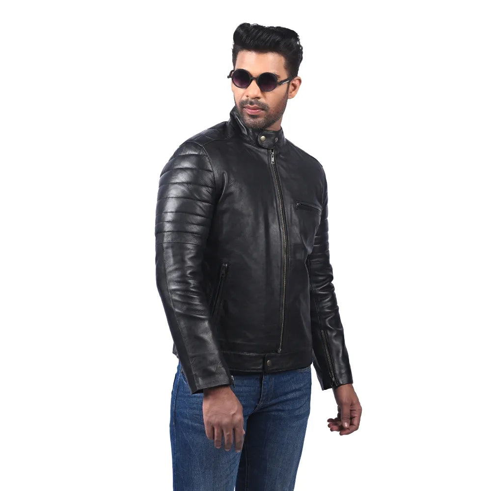 Men’s Black Real Leather Quilted Sleeve Jacket