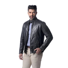 Men’s Black Real Leather Quilted Sleeves Jacket