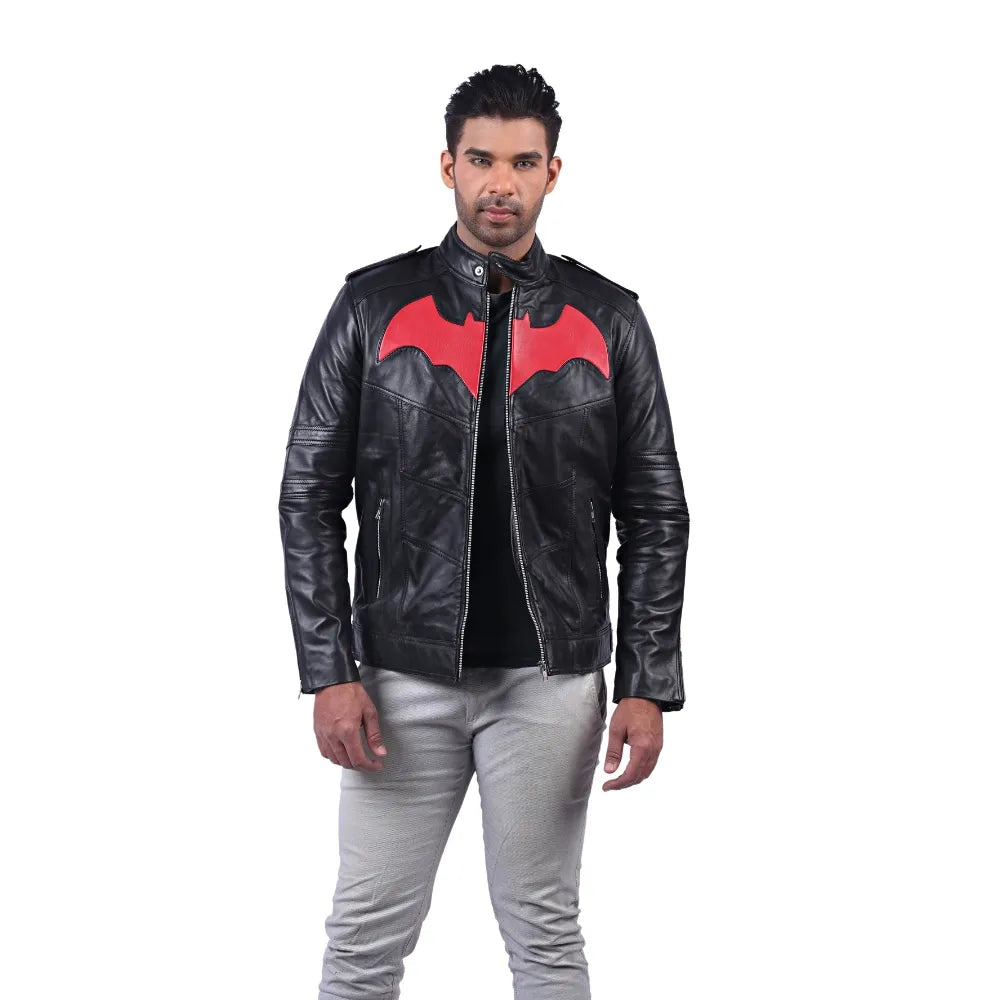 Men’s Black Real Leather Red Emblem Jacket