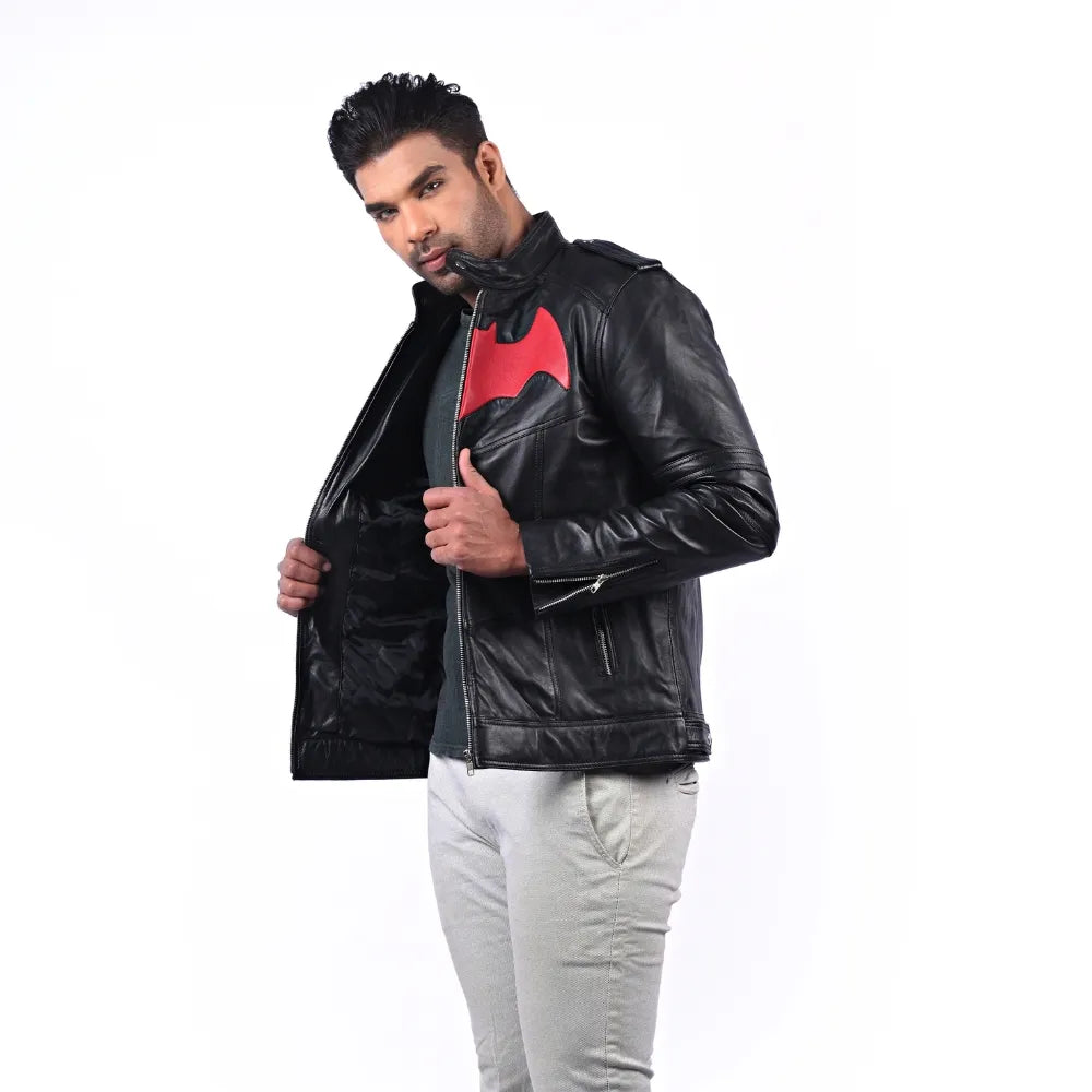 Men’s Black Real Leather Red Emblem Jacket