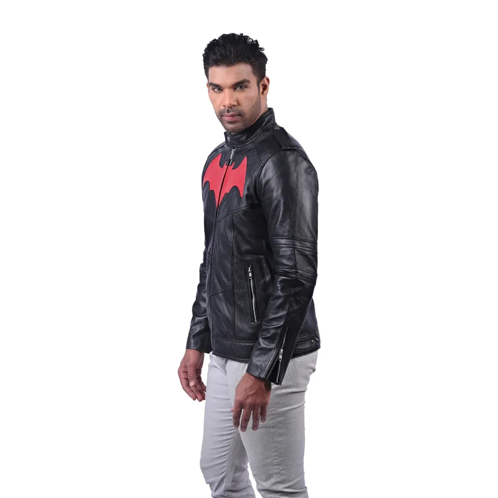 Men’s Black Real Leather Red Emblem Jacket