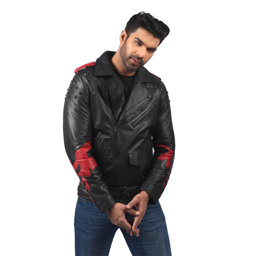 Men’s Black Real Leather Studded Panel Jacket