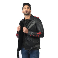 Men’s Black Real Leather Studded Panel Jacket