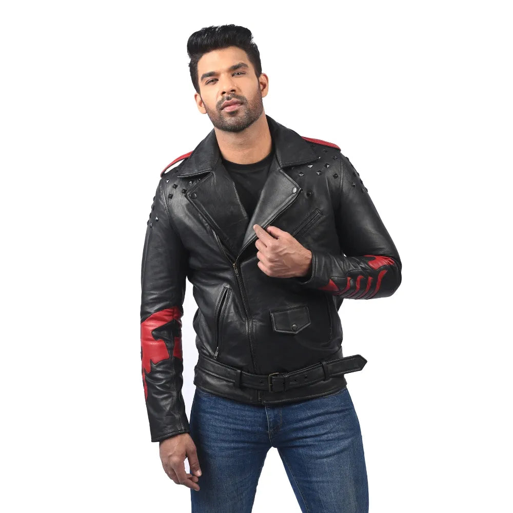 Men’s Black Real Leather Studded Panel Jacket