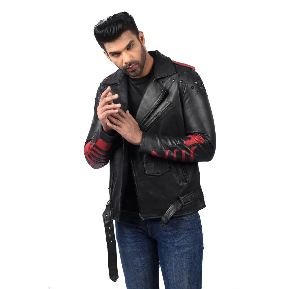 Men’s Black Real Leather Studded Panel Jacket