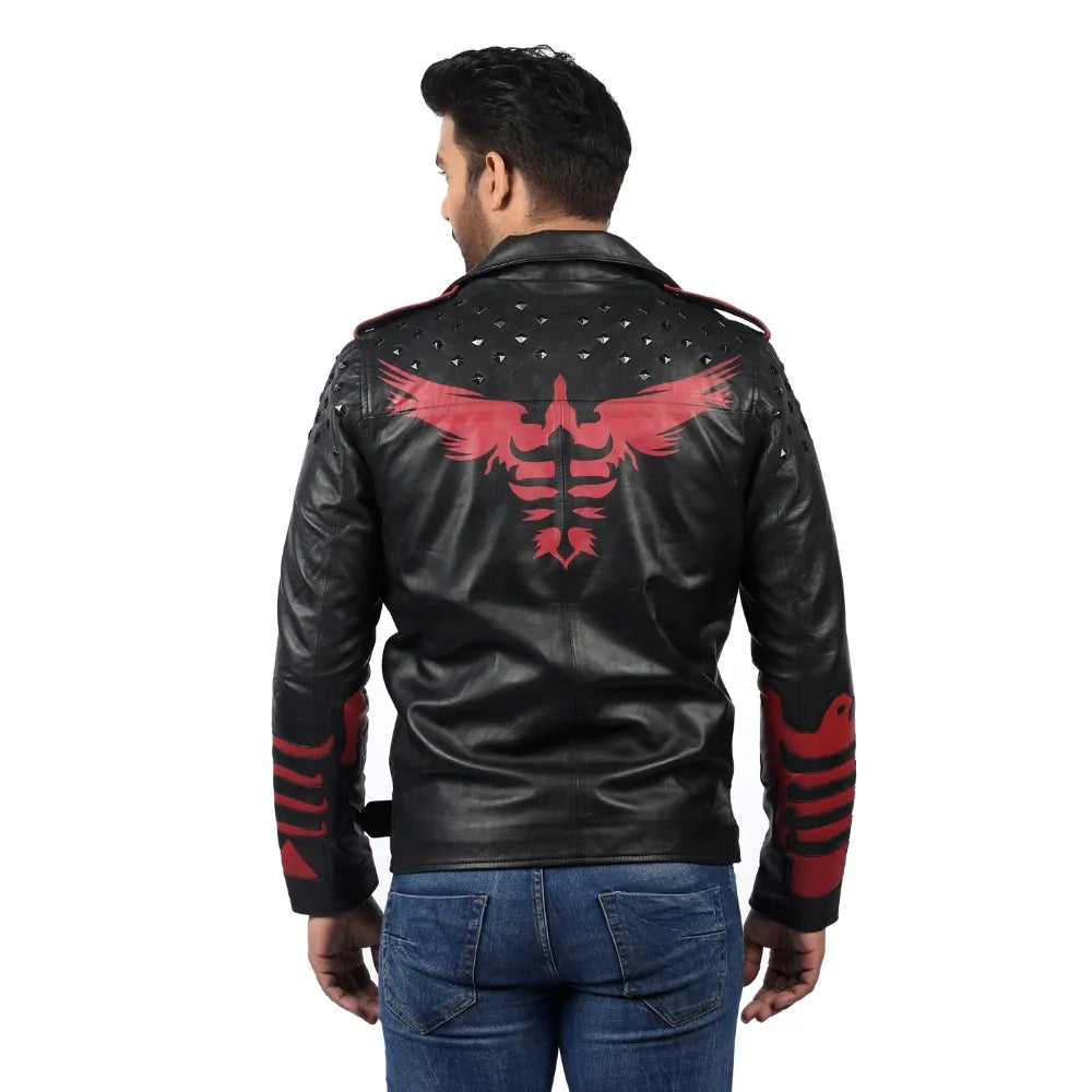 Men’s Black Real Leather Studded Panel Jacket
