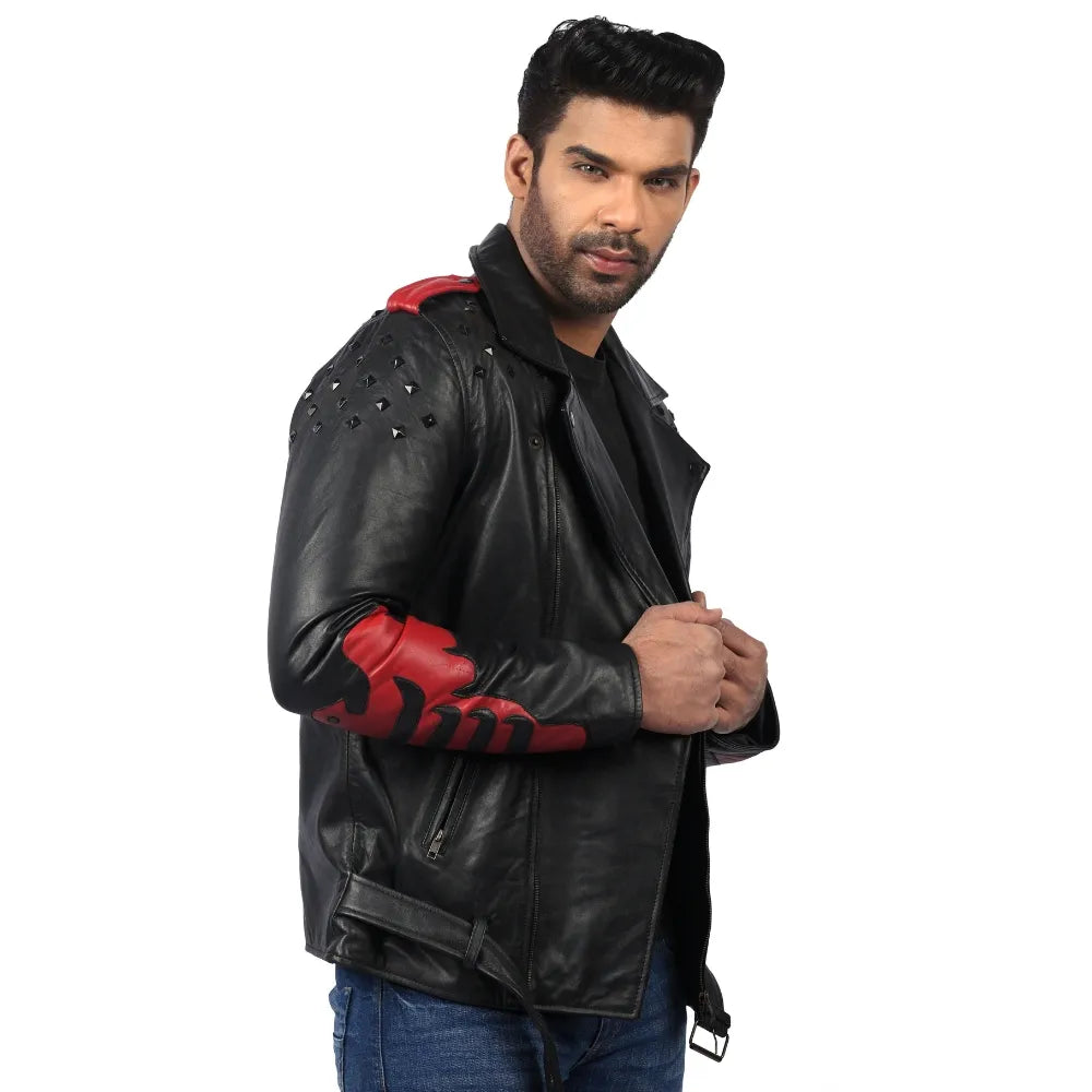 Men’s Black Real Leather Studded Panel Jacket