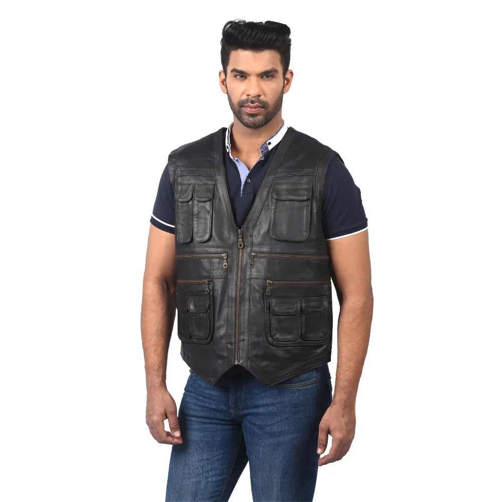 Men’s Black Real Leather Utility Vest