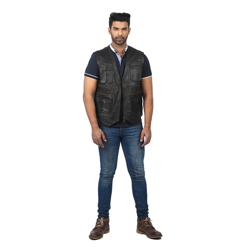 Men’s Black Real Leather Utility Vest