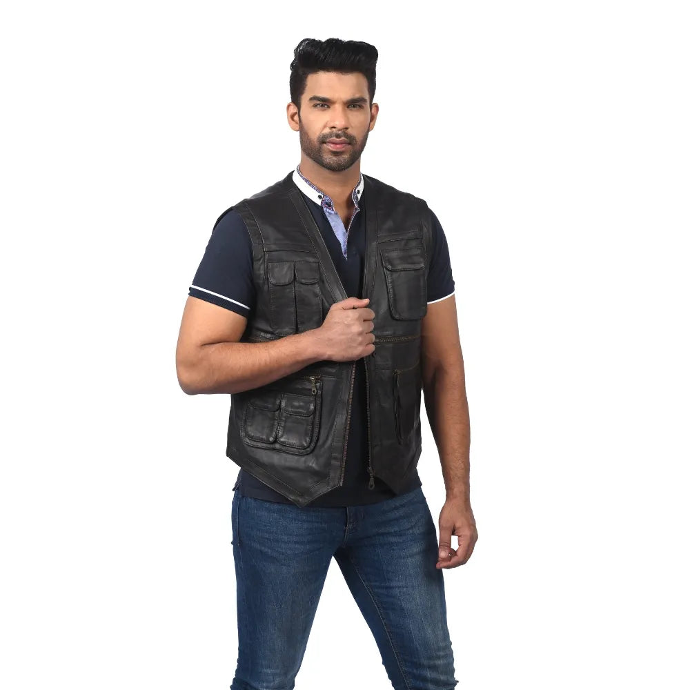 Men’s Black Real Leather Utility Vest