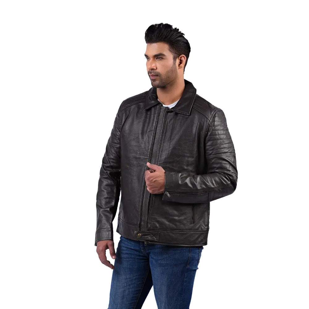 Men’s Black Real Leather Zip Collar Jacket