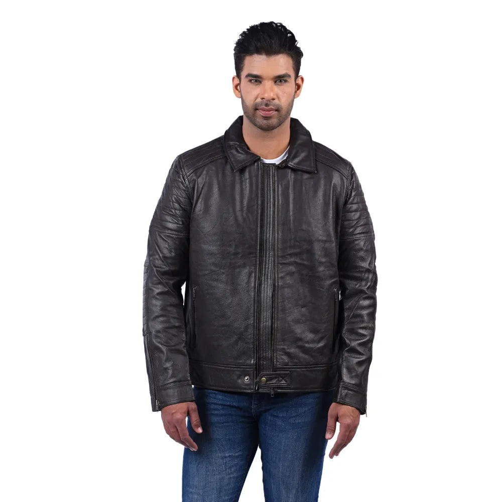 Men’s Black Real Leather Zip Collar Jacket