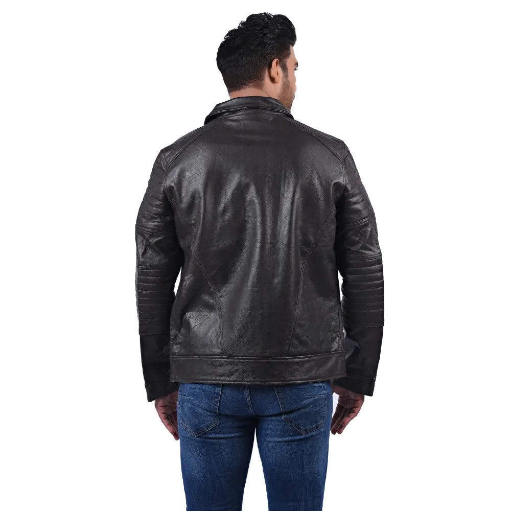 Men’s Black Real Leather Zip Collar Jacket