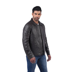 Men’s Black Real Leather Zip Collar Jacket