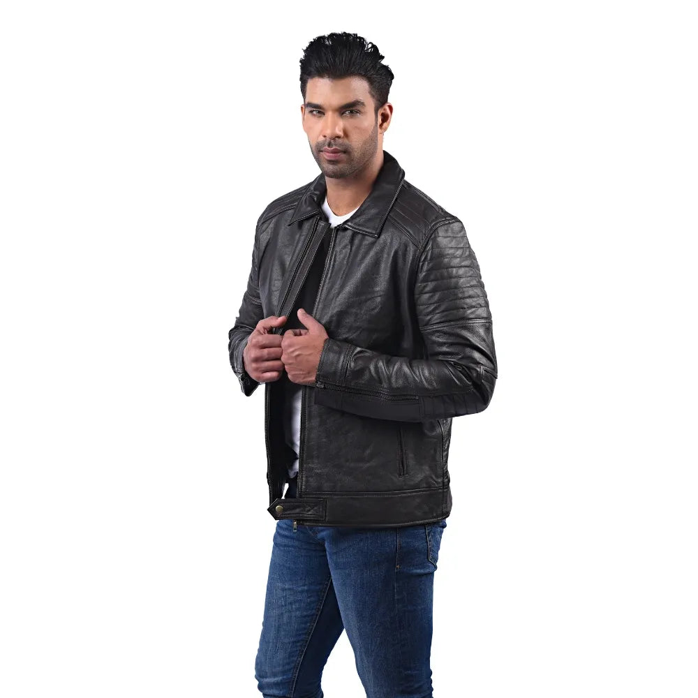Men’s Black Real Leather Zip Collar Jacket