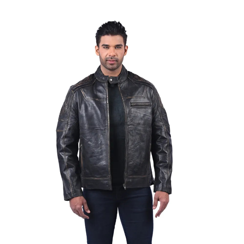 Men’s Black Real Leather Zip Front Casual Outerwear Jacket