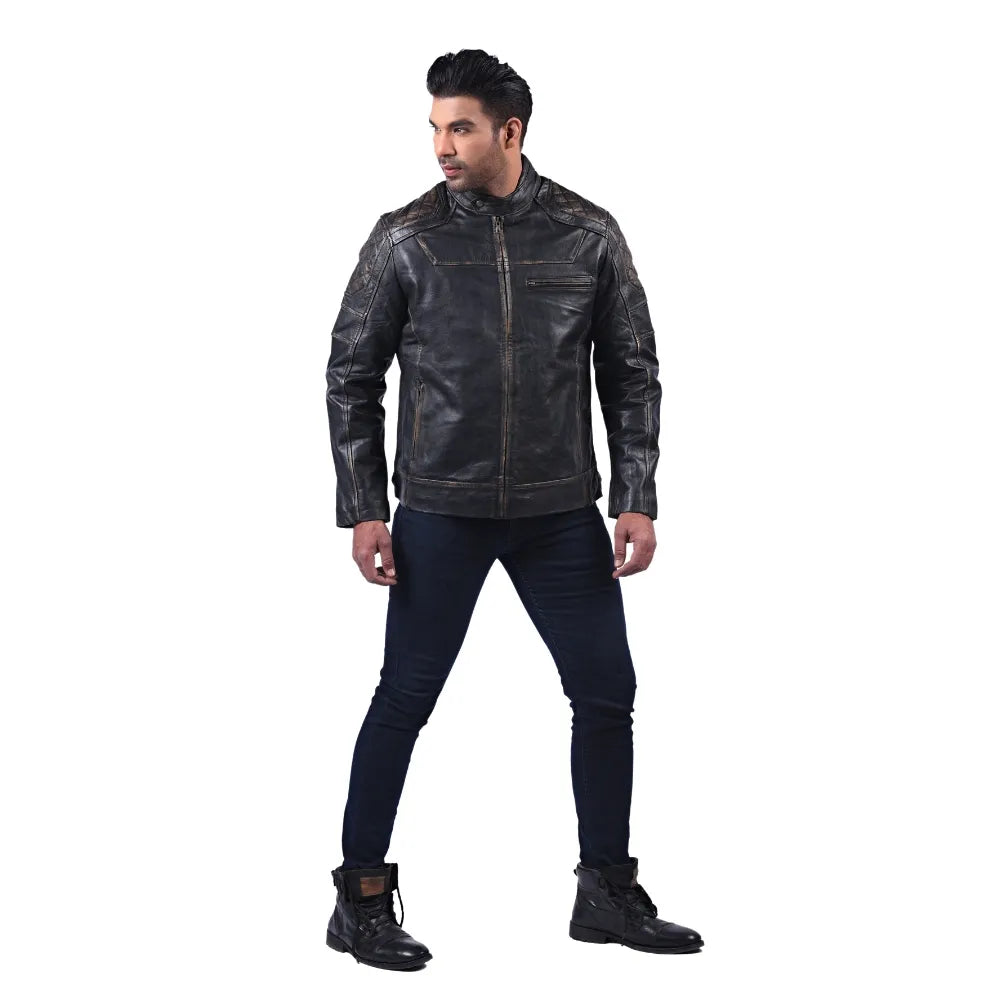Men’s Black Real Leather Zip Front Casual Outerwear Jacket