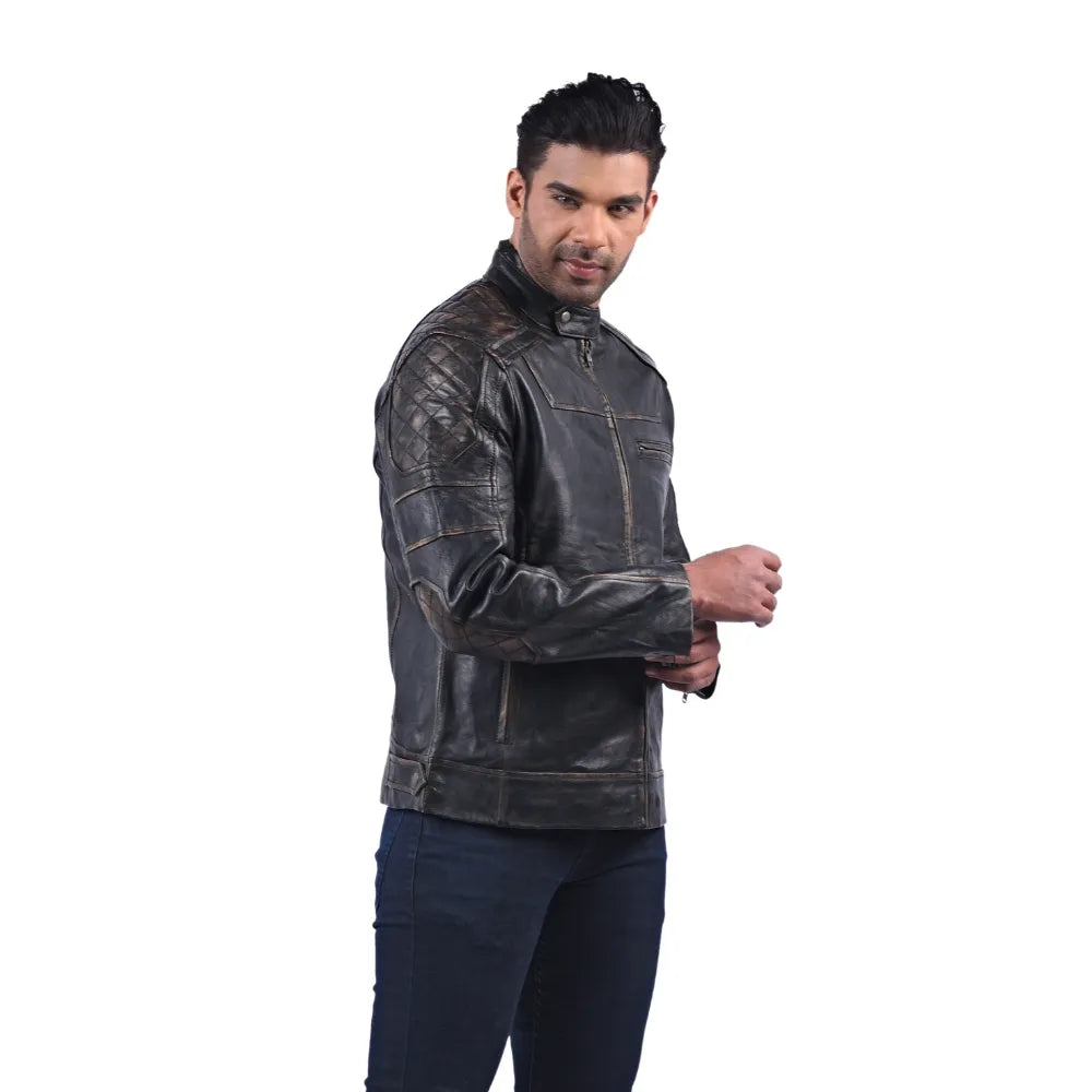 Men’s Black Real Leather Zip Front Casual Outerwear Jacket