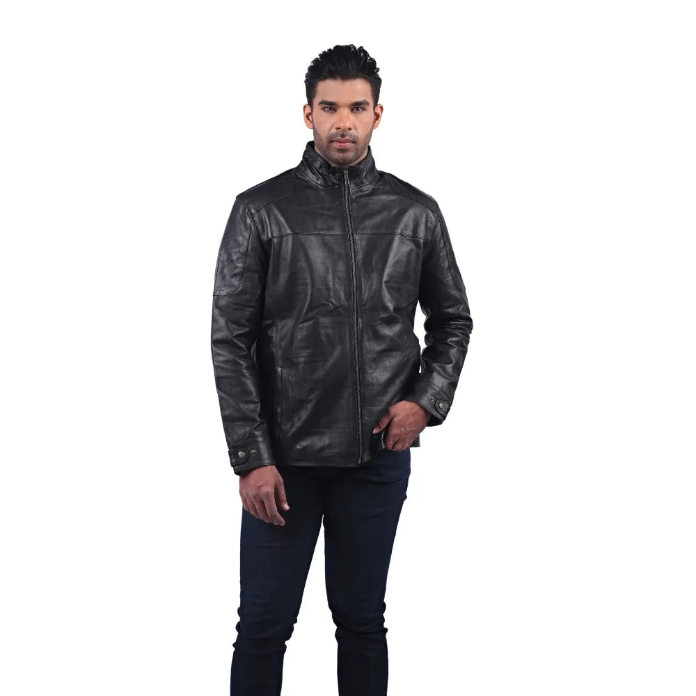 Men’s Black Real Leather Zip Front Jacket