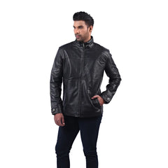 Men’s Black Real Leather Zip Front Jacket