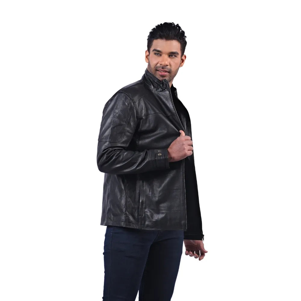 Men’s Black Real Leather Zip Front Jacket