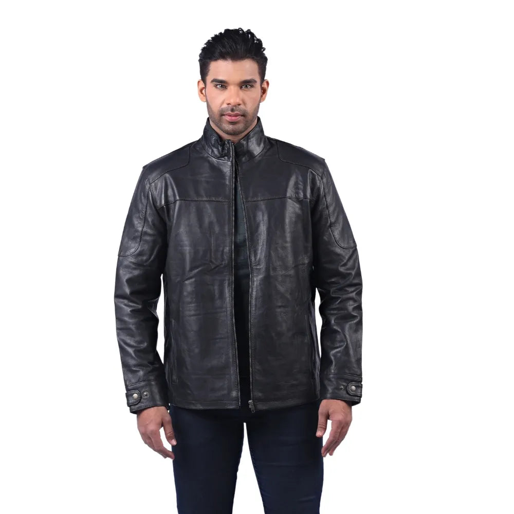 Men’s Black Real Leather Zip Front Jacket