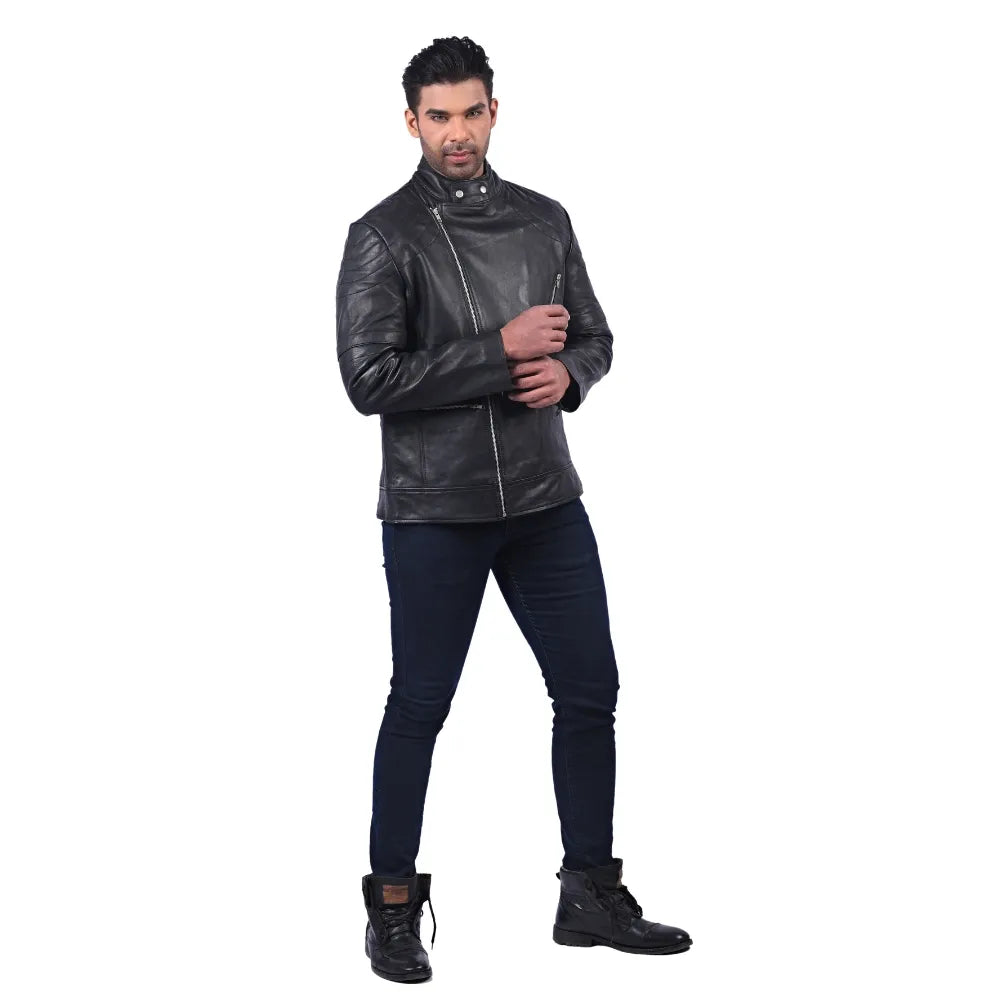 Men’s Black Real Leather Zip Front Outerwear