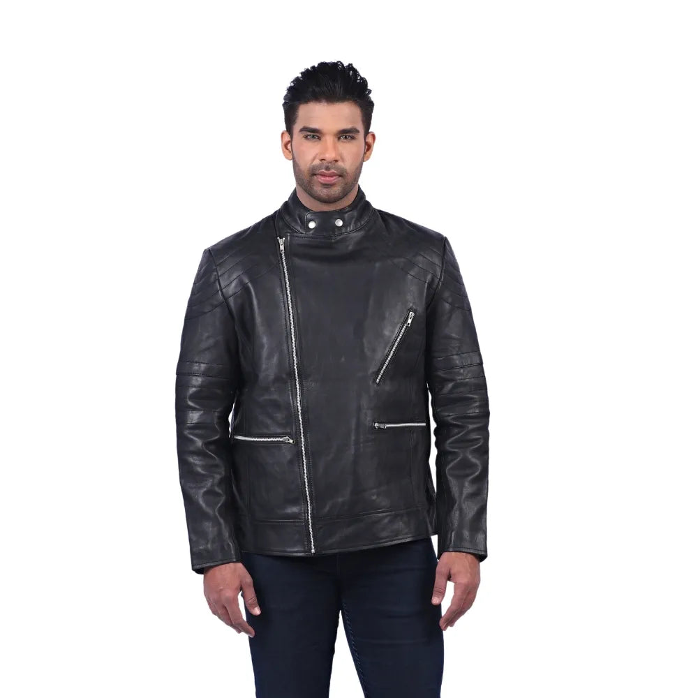 Men’s Black Real Leather Zip Front Outerwear