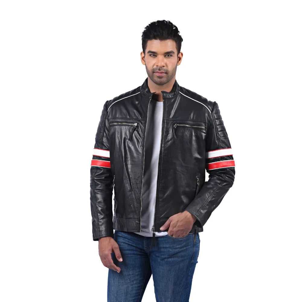 Men’s Black Real Leather Zip Front Jacket