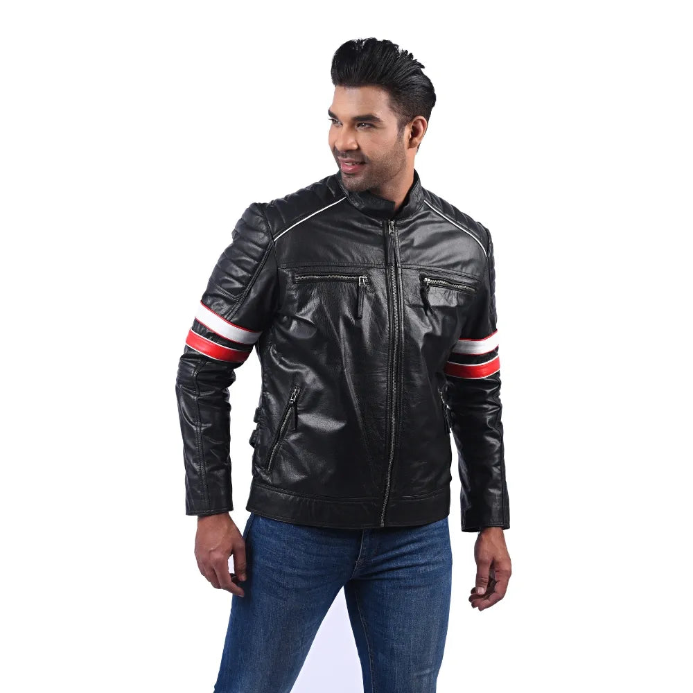 Men’s Black Real Leather Zip Front Jacket