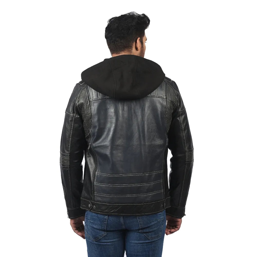 Men’s Black Real Leather Zip Hood Jacket