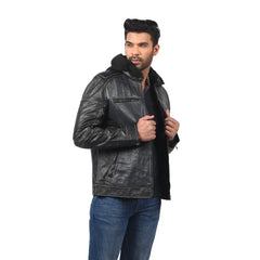 Men’s Black Real Leather Zip Hood Jacket