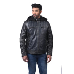 Men’s Black Real Leather Zip Hood Jacket