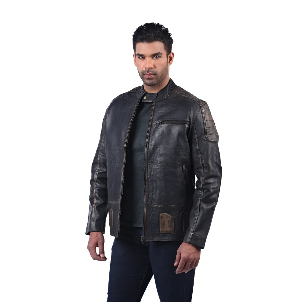 Men’s Black Real Leather Zip Jacket
