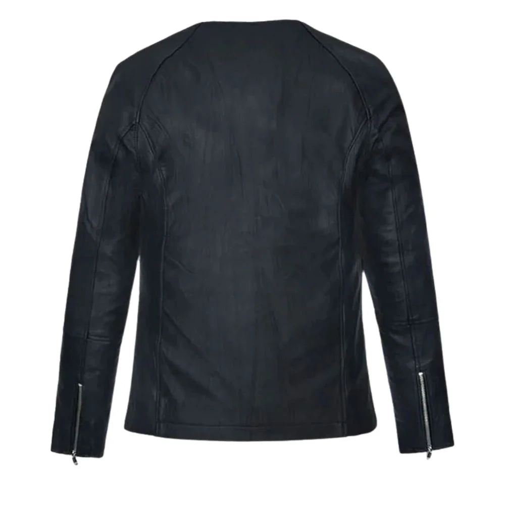Men’s Black Round Neck Minimalist Leather Jacket