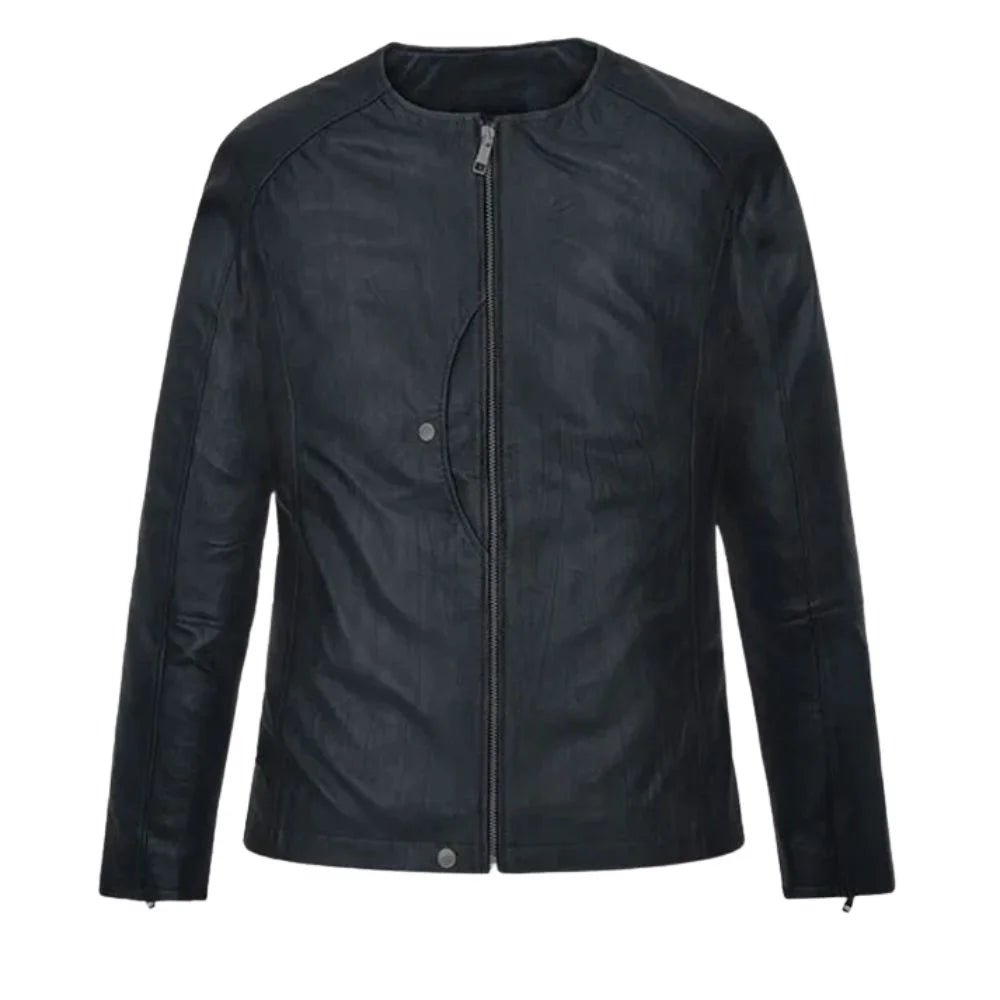 Men’s Black Round Neck Minimalist Leather Jacket