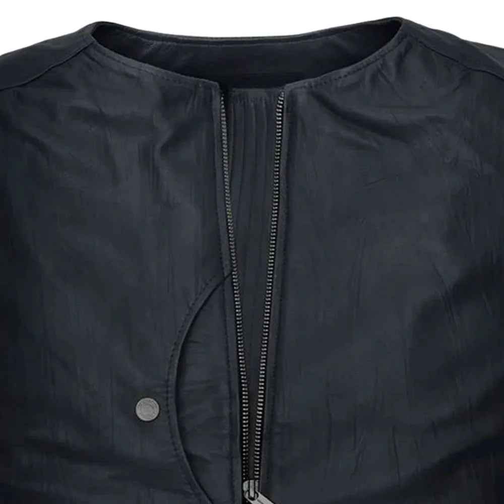 Men’s Black Round Neck Minimalist Leather Jacket