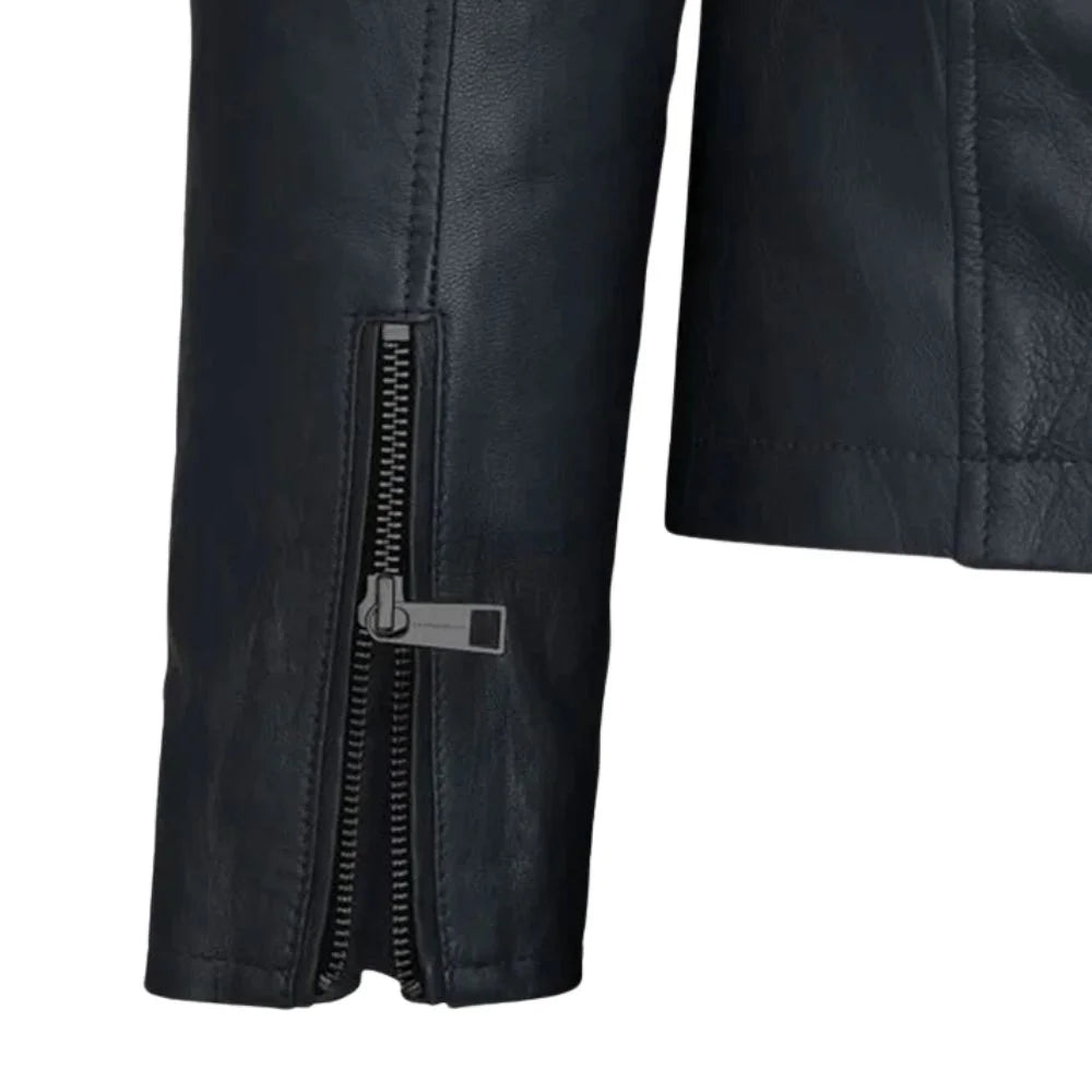 Men’s Black Round Neck Minimalist Leather Jacket