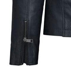 Men’s Black Round Neck Minimalist Leather Jacket