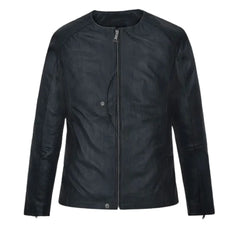 Men’s Black Round Neck Minimalist Leather Jacket