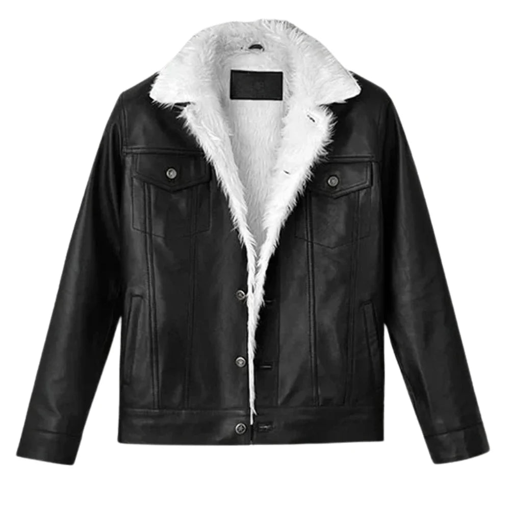 Men’s Black Shearling Collar Leather Jacket