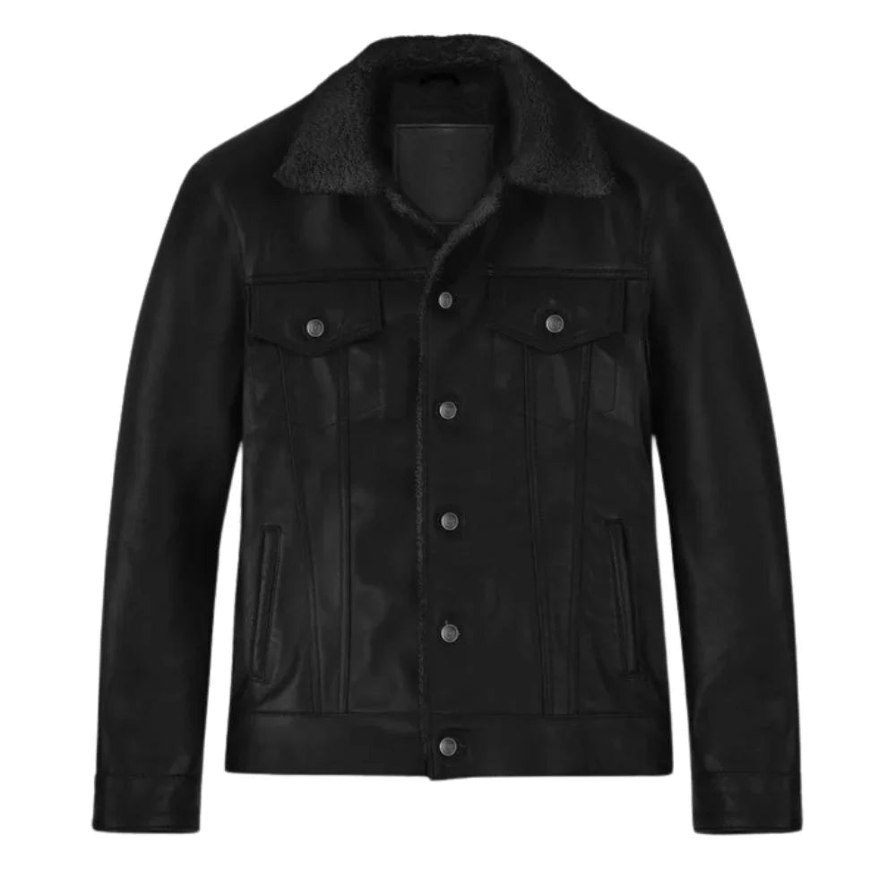 Men’s Black Shearling Collar Leather Trucker Jacket