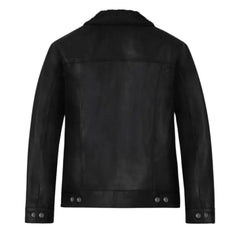 Men’s Black Shearling Collar Leather Trucker Jacket