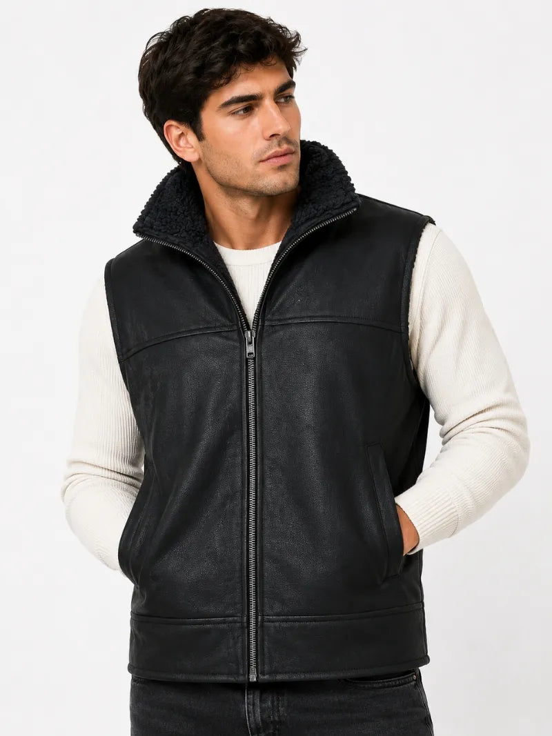 Men's Black Shearling Leather Vest